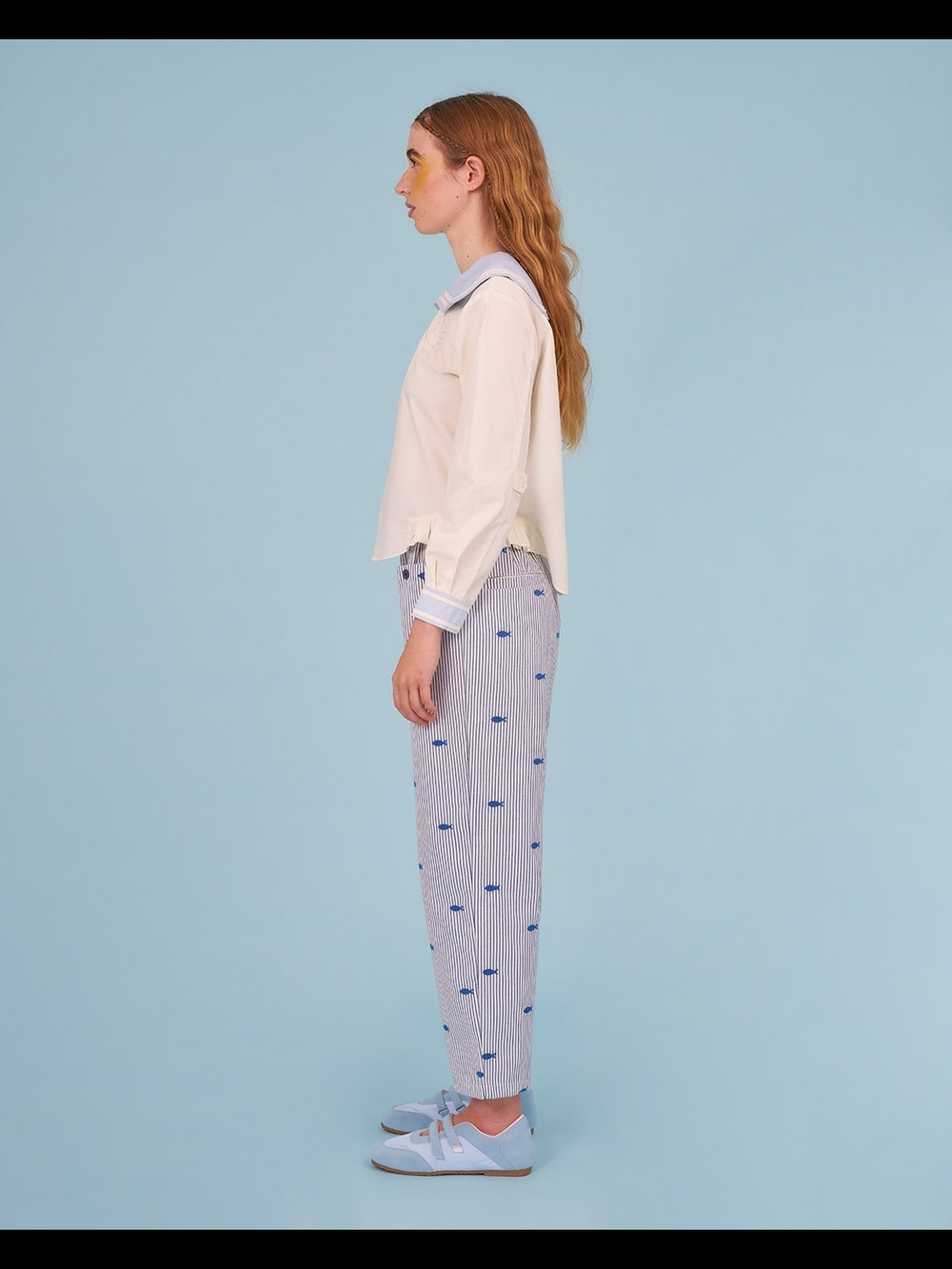KINA AND TAM Striped Blue Embroidered Straight-Leg Pants